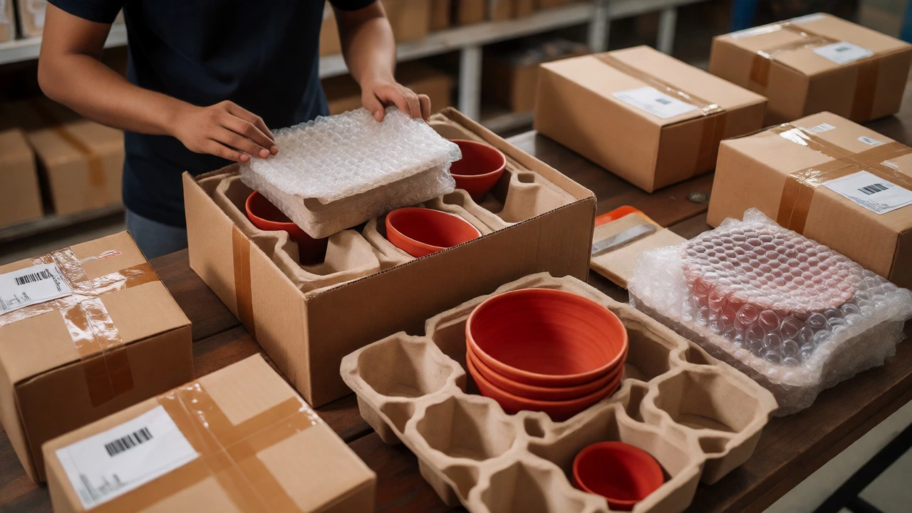 Worker packing fragile terracotta bowls into shipping boxes for delivery
